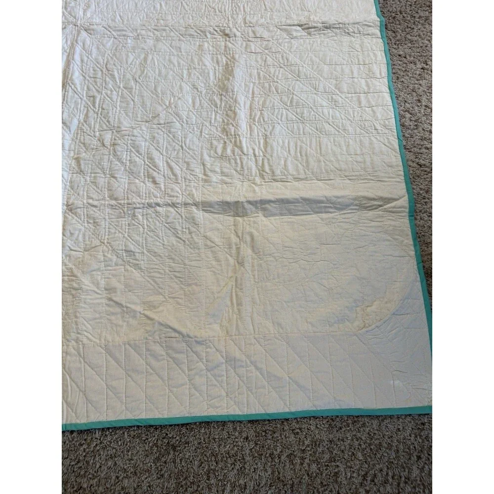 Vintage Handmade Lone Star Scrap Quilt Large Center Medallion Teal Border